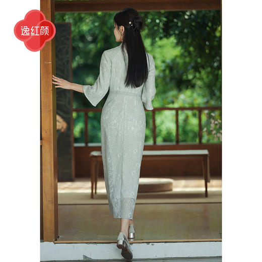 逸红颜青灵2025春夏新款软蕾丝新中式轻国风长袖不开叉长款旗袍裙 商品图4