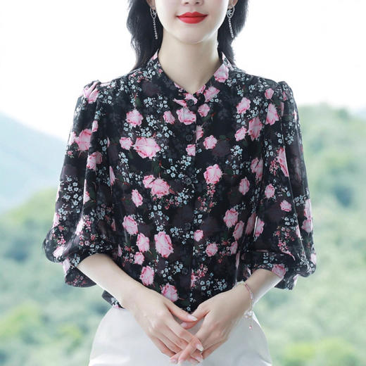 七分袖碎花衬衫女夏季新款中袖妈妈气质桑蚕丝上衣洋气小衫 商品图4
