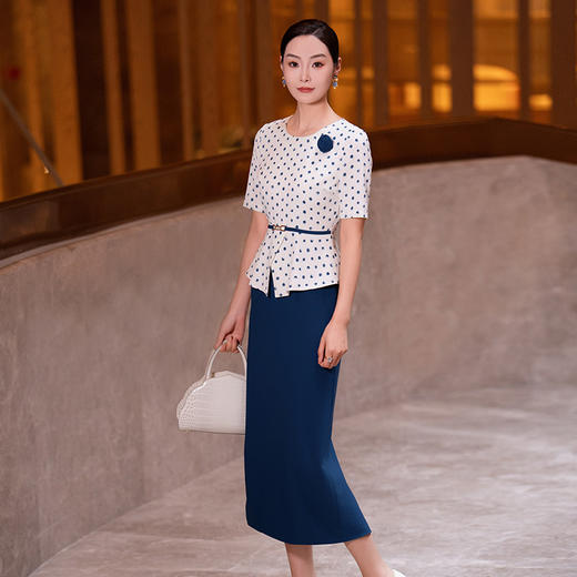 S526LLL815H842025夏季新款端庄大气波点直筒裙时尚缎面印花假两件拼接连衣裙女 商品图2