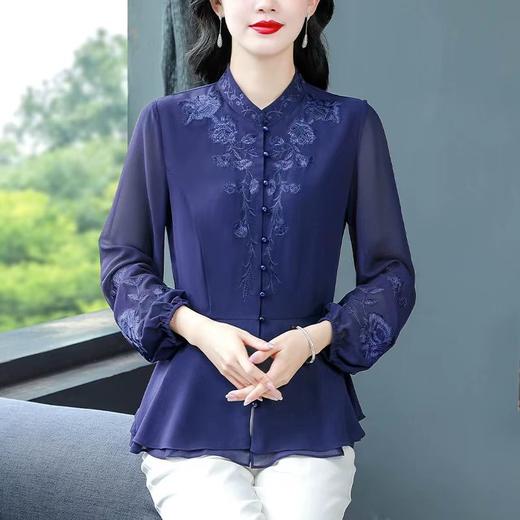 收腰裙摆小衫绣花立领遮肚子宽松雪纺衫2025新款妈妈衬衫女设计感 商品图0