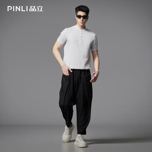 PINLI品立2025夏季新款商务休闲短袖衬衫男条纹立领修身衬衣上衣B242113154 商品图1