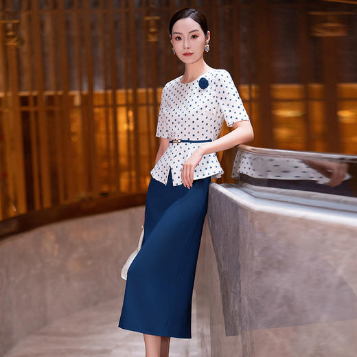 S526LLL815H842025夏季新款端庄大气波点直筒裙时尚缎面印花假两件拼接连衣裙女 商品图1