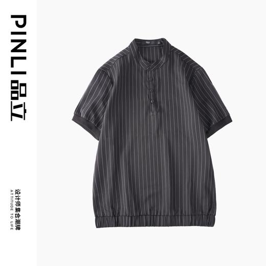 PINLI品立2025夏季新款商务休闲短袖衬衫男条纹立领修身衬衣上衣B242113154 商品图5