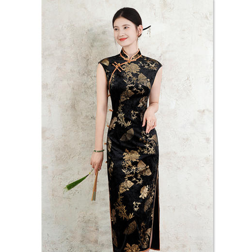 复古中国风冰花绒烫金，长款无袖旗袍GX-66916 商品图3