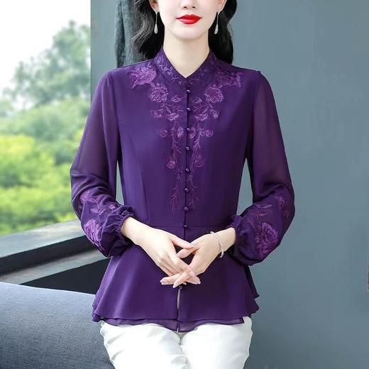 收腰裙摆小衫绣花立领遮肚子宽松雪纺衫2025新款妈妈衬衫女设计感 商品图1