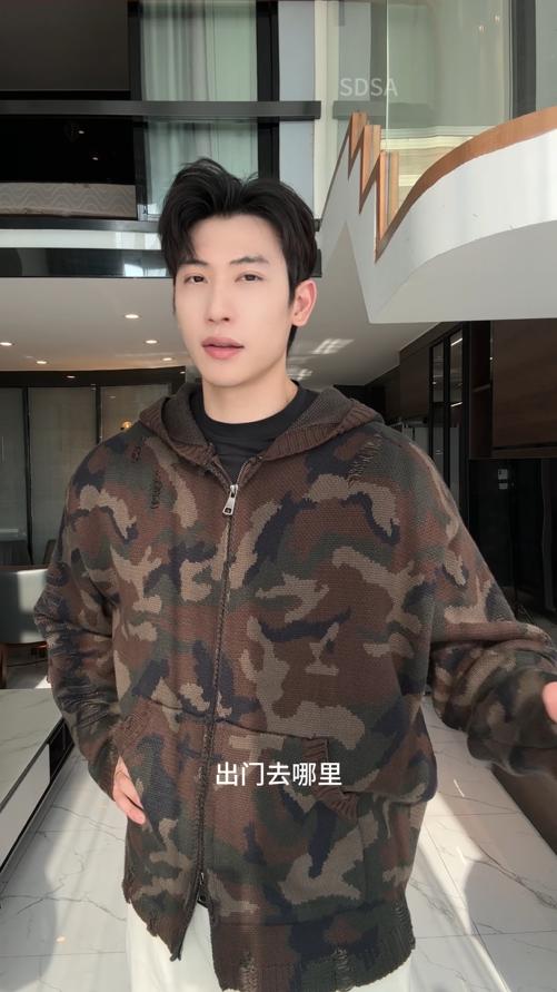 88101SDSA男士毛衣2025新款轻奢痞帅男装慵懒风迷彩拉链连帽开衫针织衫 商品图0