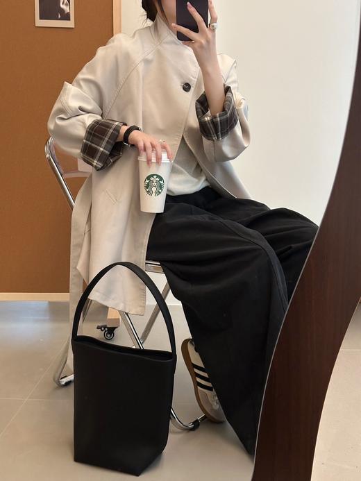 春秋立领韩版设计利落高级格纹撞袖风衣 商品图5