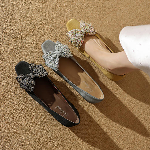 【预售5天】头层皮水钻蝴蝶结拼色，时尚新款方头粗跟低跟浅口单鞋ZF&25191 商品图4