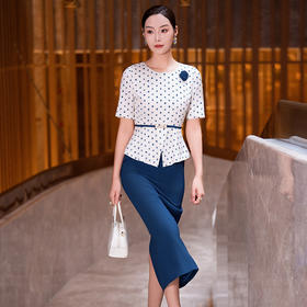 S526LLL815H842025夏季新款端庄大气波点直筒裙时尚缎面印花假两件拼接连衣裙女