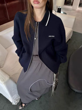 缪系高奢|老干部风珠地棒球服夹克刺绣针织翻领外套