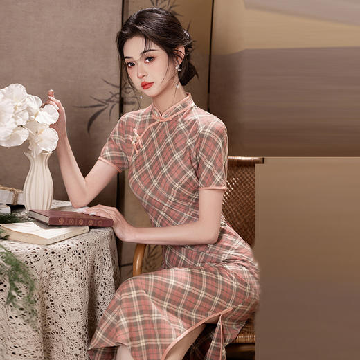 SC21874温柔风粉色格子旗袍2025春夏新款修身显瘦改良少女中式连衣裙女装 商品图4