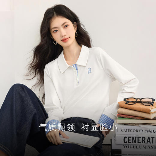 【08/19新品】熙世界MIU系学院polo领T恤女2025秋季新款设计感撞色格纹长袖上衣 商品图1