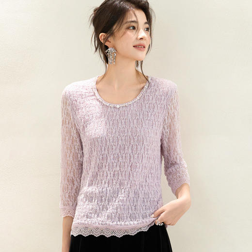 「自」全新升级【铂金会员174/天猫229/差价55】(43622)洛诗琳新款圆领钉珠长袖2025秋季气质网纱蕾丝打底上衣女 商品图1