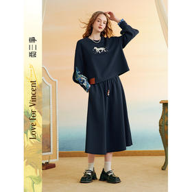 两三事梵高文艺入梦来2025秋季新款刺绣印花拼接上衣半裙两件套女