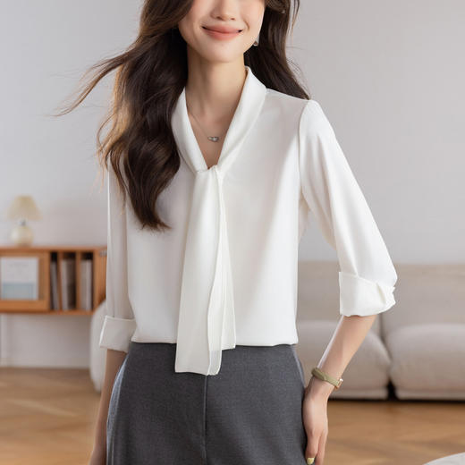 KQL 617T8331缎面衬衫设计感飘带上衣长袖别致衬衣 商品图5