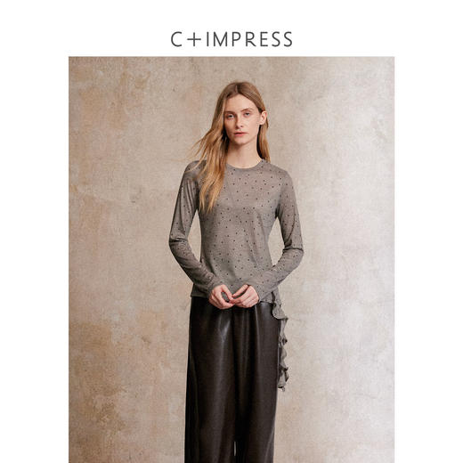 C+IMPRESS/西嘉荷叶边长袖t恤女秋季新款波点印花圆领设计感上衣T2503050 商品图0