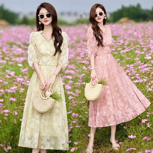 HR SNX3001气质领型中袖袖口穿着轻薄透气高腰显瘦连衣裙 商品图1