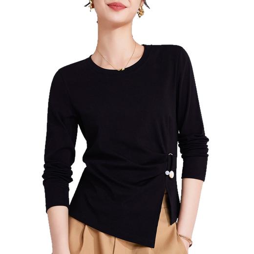 「自j」全新升级【铂金会员109/天猫149/差价40】(20637)洛诗琳气质纯色长袖T恤2025年秋季显瘦不规则开叉打底上衣女 商品图4