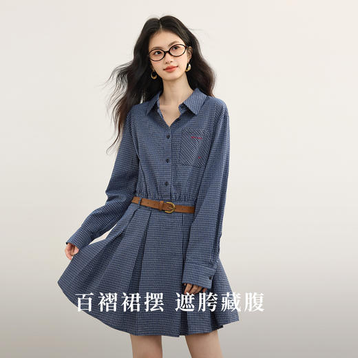【08/19新品】熙世界学院风蓝色格子衬衫连衣裙女2025秋季新款长袖收腰百褶短裙 商品图1