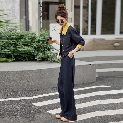 设计感撞色拼接牛仔套装女2025春秋新款休闲时尚高腰阔腿裤两件套 商品图3