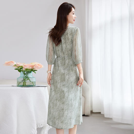 丁摩 【100%桑蚕丝】优雅夏季印花双绉拼接乔其中长款真丝连衣裙女5ZF-1661 商品图3