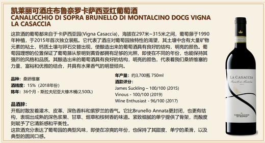 【100 分单一园桑娇维塞佳酿】Canalicchio Di Sopra Brunello Di Montalcino Vigna La Casaccia2018  凯莱丽可布鲁奈罗卡萨西亚红葡萄酒 商品图0