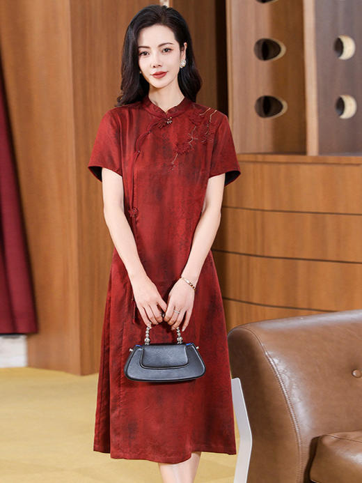 丁摩 花罗真丝香云纱连衣裙女夏季高端桑蚕丝喜庆气质国风妈妈裙子5ZF-2912 商品图5