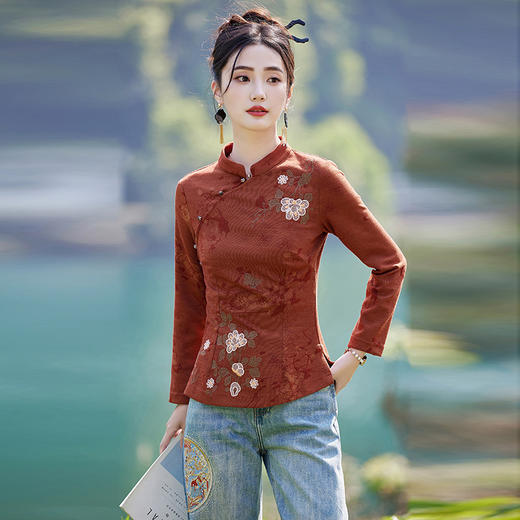 新中式国风修身打底衫，刺绣洋气减龄显瘦长袖上衣斜襟HR-SYY2570-3 商品图2
