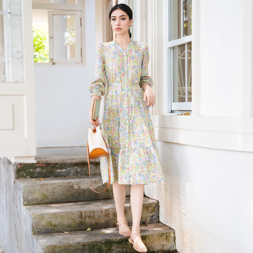 谜底碎花连衣裙长袖2025秋新款复古田园风V领长裙配腰带257ML7841 商品图0