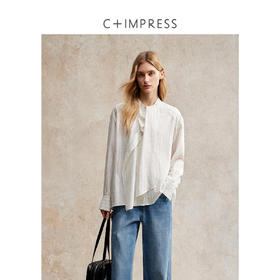 C+IMPRESS/西嘉法式别致飘带衬衫女25秋季新款竖条纹宽松亚麻上衣CS2503009
