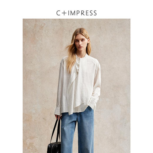 C+IMPRESS/西嘉法式别致飘带衬衫女25秋季新款竖条纹宽松亚麻上衣CS2503009 商品图0