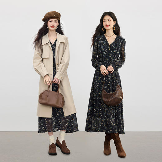 【08/19新品】熙世界黑色碎花V领连衣裙女秋季2025新款法式气质收腰雪纺长裙子 商品图2