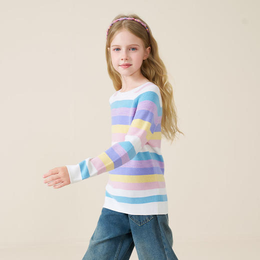 mettekids儿童100%羊毛衫2025秋冬款彩色条纹毛衣女童打底针织衫 商品图3