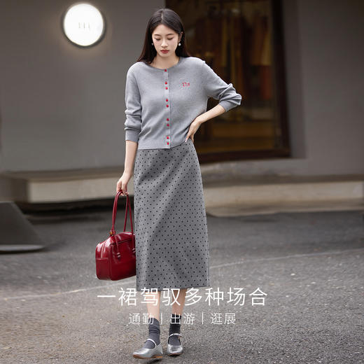 【08/19新品】熙世界灰色波点毛呢半身裙女2025秋季新款高腰a字开叉包臀直筒裙 商品图3
