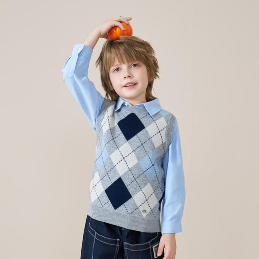 mettekids儿童100%羊绒衫2025秋冬款格纹毛衣马甲学院风男童背心 商品图3