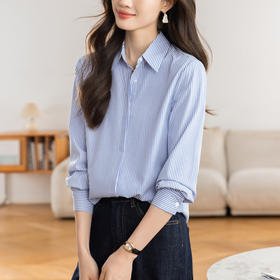 KQL 627T8333纯色简约条纹衬衫长袖宽松显瘦打底衬衣
