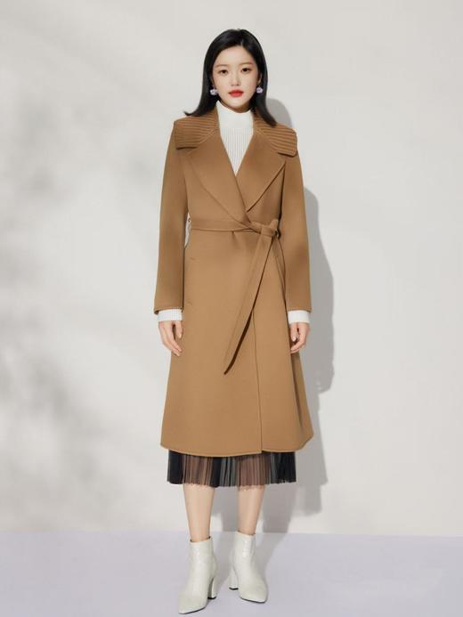 【高端系列】手工定制7365拼针织领100%羊毛系带气质双面尼大衣-喜出 商品图2