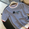丁摩 这款Y定要入！薄款条纹宽松圆领V领针织衫短袖T恤女夏季5ZF-1253 商品缩略图1