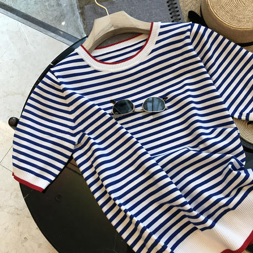 丁摩 这款Y定要入！薄款条纹宽松圆领V领针织衫短袖T恤女夏季5ZF-1253 商品图1
