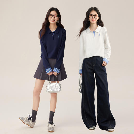 【08/19新品】熙世界MIU系学院polo领T恤女2025秋季新款设计感撞色格纹长袖上衣 商品图4