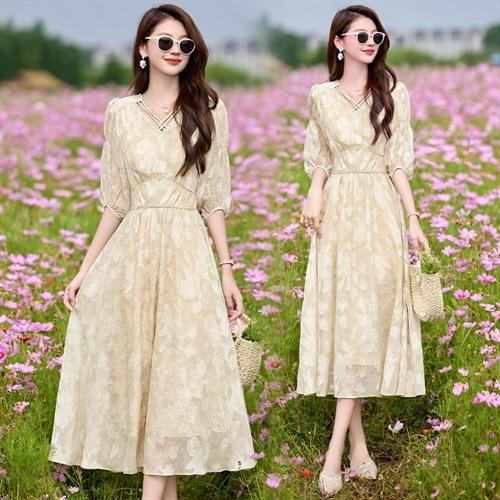 HR SNX3001气质领型中袖袖口穿着轻薄透气高腰显瘦连衣裙 商品图2