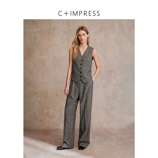 C+IMPRESS/西嘉 经典老钱格纹西装外套女一粒扣沙漏腰羊毛马甲裤子套装WT2503021 商品图1