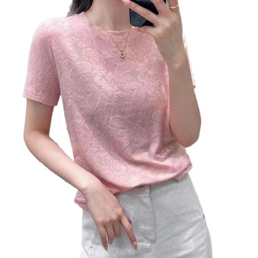 丁摩 新中式纯棉圆领国风T恤女夏季新款短袖复古显瘦气质提花上衣5ZF-170 商品图4