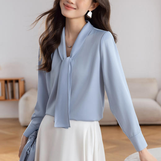 KQL 617T8331缎面衬衫设计感飘带上衣长袖别致衬衣 商品图1