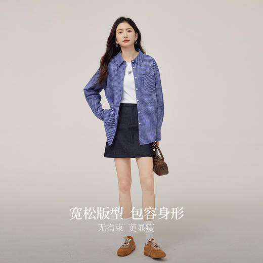 【08/19新品】熙世界复古蓝色格子衬衫女长袖2025秋季新款百搭宽松气质衬衣外套 商品图2