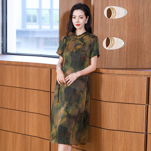 丁摩 花罗真丝香云纱连衣裙女夏季高端桑蚕丝喜庆气质国风妈妈裙子5ZF-2912 商品图2