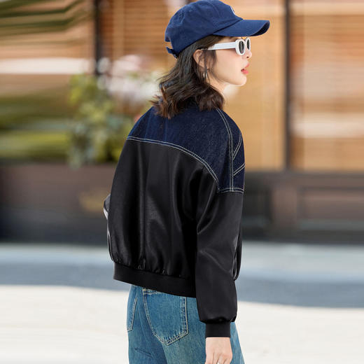HRYYG82986牛仔撞色拼接棒球服皮衣外套2025秋季新款短款时尚百搭夹克上衣 商品图2