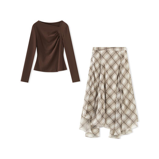 「高货wl」全新升级【铂金会员367/天猫489/差价122】(99940)洛诗琳秋季设计感斜肩修身针织衫格纹印花半身裙两件套女 商品图4