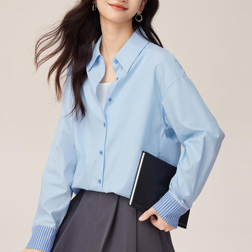 【周末秒杀】熙世界miu系天丝棉长袖衬衫女2025秋季新款条纹翻袖气质宽松衬衣 商品图4