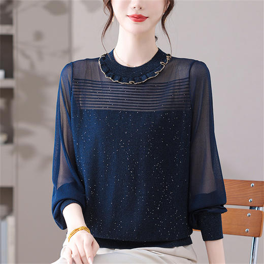 针织衫女装2025春秋新款网纱拼接长袖T恤女宽松显瘦打底衫上衣薄 商品图0